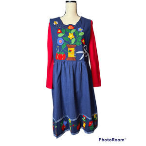 Vintage Handmade Jumper in Blue White Check w/Painted Floral and Buttons Size M